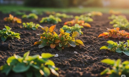 Young plants growing in a field with sunlight filtering through.